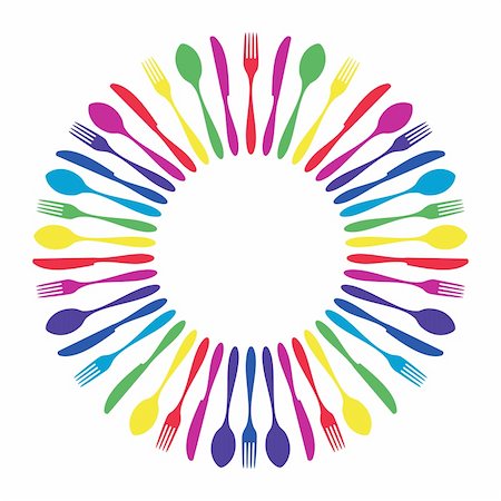 fork and knife on red - Cutlery icons. Colorful cutlery silhouettes in circle on white background. Vector available. Foto de stock - Super Valor sin royalties y Suscripción, Código: 400-04780778