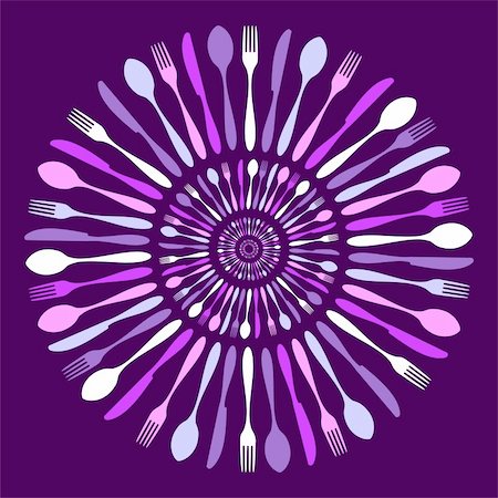 simsearch:400-05877482,k - Cutlery icons. Cutlery silhouettes circled pattern on violet background. Vector available. Stock Photo - Budget Royalty-Free & Subscription, Code: 400-04780779