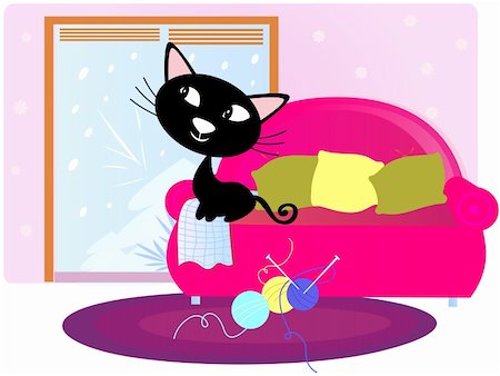 Cute happy cat on pink sofa in living room. Vector Illustration. Stock Photo - Budget Royalty-Free & Subscription, Code: 400-04780863