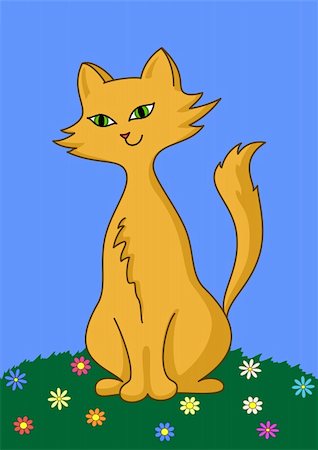 simsearch:400-04787541,k - Cat sits on a flower meadow. Flowers, grass, blue summer sky Stockbilder - Microstock & Abonnement, Bildnummer: 400-04781585