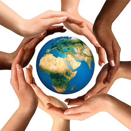 diversity unity hands world - Conceptual symbol of multiracial human hands surrounding the Earth globe. Unity, world peace, humanity concept. Isolated on white background. Stock Photo - Budget Royalty-Free & Subscription, Code: 400-04782402