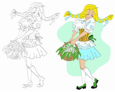 flowers sketch for coloring - Girl with a basket of flowers. Coloring illustration in vector format EPS Stock Photo - Budget Royalty-Free & Subscription, Code: 400-04783244