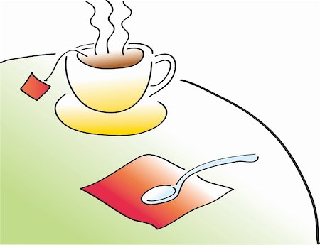 A hot cup of black tea and a spoon on a table. Tag can be removed in vector editing software to make coffee. Foto de stock - Super Valor sin royalties y Suscripción, Código: 400-04783451