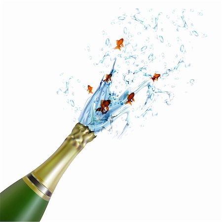 popping champagne cork - illustration of wine bottle with fishes on white background Stock Photo - Budget Royalty-Free & Subscription, Code: 400-04794478