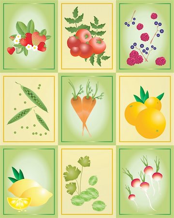an illustration of tiles with a variety of fruit and vegtables on a green and yellow background Stock Photo - Budget Royalty-Free & Subscription, Code: 400-04794655