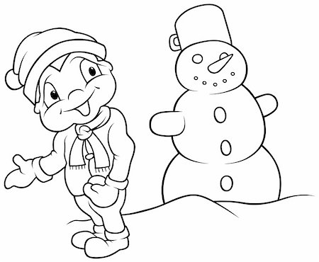 Boy and Snowman - Black and White Cartoon illustration, Vector Stock Photo - Budget Royalty-Free & Subscription, Code: 400-04795190