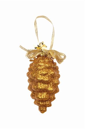 round ornament hanging of a tree - Golden christmas toy isolated on white background Stock Photo - Budget Royalty-Free & Subscription, Code: 400-04796335