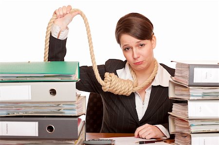 Woman in office with sling around head is forced to suicide because of bankruptcy. Stock Photo - Budget Royalty-Free & Subscription, Code: 400-04796609