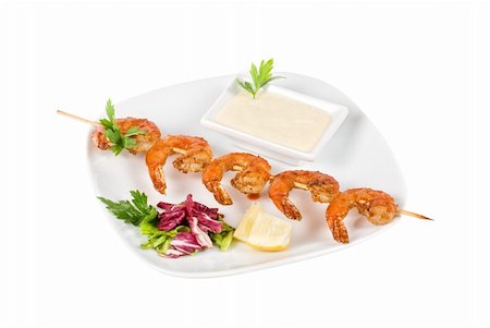 shashlik - Fried kebab of shrimps with vegetables and sauce Stock Photo - Budget Royalty-Free & Subscription, Code: 400-04799258