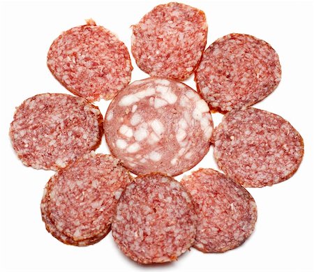 salami plate - Sausage slice put by pattern on white background Stock Photo - Budget Royalty-Free & Subscription, Code: 400-04799675