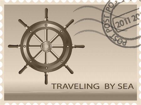 philately - Steering wheel and sea landscape located against a stamp Stock Photo - Budget Royalty-Free & Subscription, Code: 400-04790048