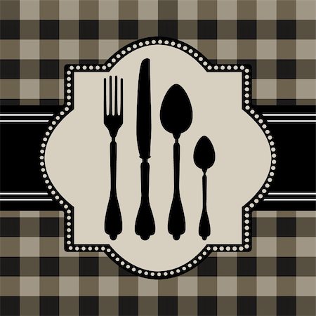 fork and spoon frame - Vector silhouettes of cutlery, on green tablecloth and checkered pattern, design for food or restaurant concept. Photographie de stock - Aubaine LD & Abonnement, Code: 400-04790218