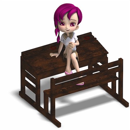 disciple - cute little cartoon school girl sitting on a school form. 3D rendering with clipping path and shadow over white Photographie de stock - Aubaine LD & Abonnement, Code: 400-04791676