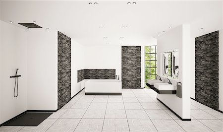 Modern bathroom with black brickwalls interior 3d render Stock Photo - Budget Royalty-Free & Subscription, Code: 400-04792559