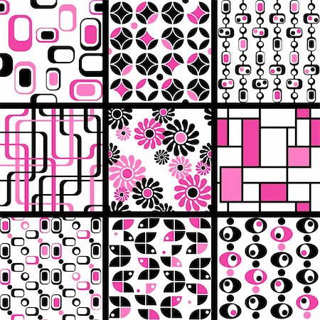 simsearch:400-08042225,k - Nine 1960's mod seamless patterns. The tiles can be combined seamlessly. Graphics are grouped and in several layers for easy editing. The file can be scaled to any size. Stock Photo - Budget Royalty-Free & Subscription, Code: 400-04793396