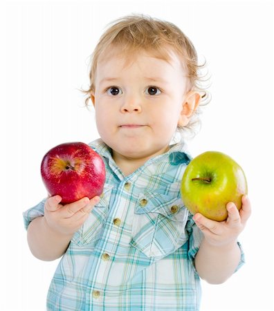 Beautiful baby boy play with green and red apples. Closeup portrait.  Isolated. Fotografie stock - Microstock e Abbonamento, Codice: 400-04804035