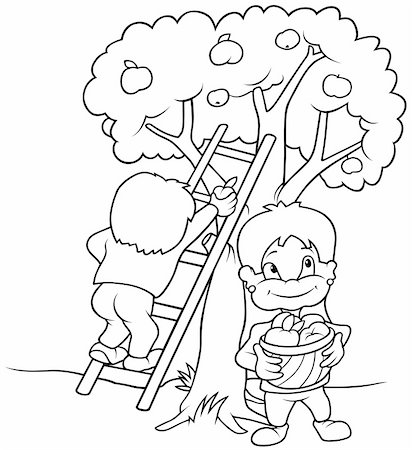 fruits tree cartoon images - Children's Harvesting Fruits - Black and White Cartoon illustration, Vector Stock Photo - Budget Royalty-Free & Subscription, Code: 400-04804131