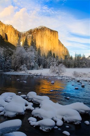 simsearch:400-04557947,k - View of beautiful Yosemite valley in winter with the Merced river and snow covered El Capitan at sunset Stock Photo - Budget Royalty-Free & Subscription, Code: 400-04806801