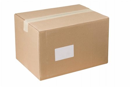 shipping office - isolated closed shipping cardboard box whit white empty label Stock Photo - Budget Royalty-Free & Subscription, Code: 400-04806977