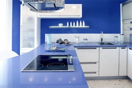 simsearch:400-08315056,k - Blue white kitchen modern interior design house architecture Fotografie stock - Microstock e Abbonamento, Codice: 400-04807447