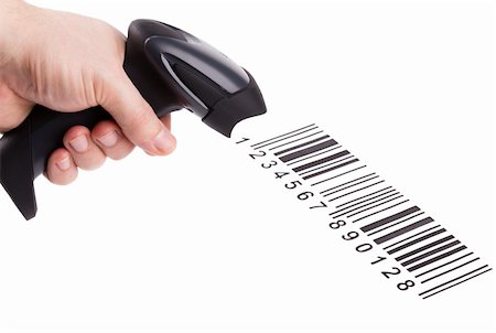 Bar code reader (scanner) in man hand isolated on white background Stock Photo - Budget Royalty-Free & Subscription, Code: 400-04807519