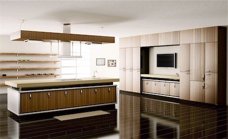 Interior of modern kitchen 3d render Stock Photo - Budget Royalty-Free & Subscription, Code: 400-04807920