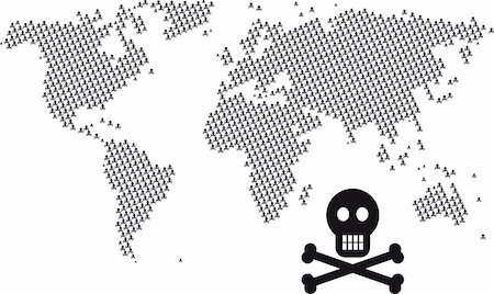 risk of death vector - Map of the world made by hundreds of skull and bone symbols.    The source of the map:  http://www.lib.utexas.edu/maps/world_maps/time_zones_ref_2007.pdf Stock Photo - Budget Royalty-Free & Subscription, Code: 400-04808998