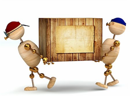 two 3d wood man carring big wooden box isolated on white Photographie de stock - Aubaine LD & Abonnement, Code: 400-04809736