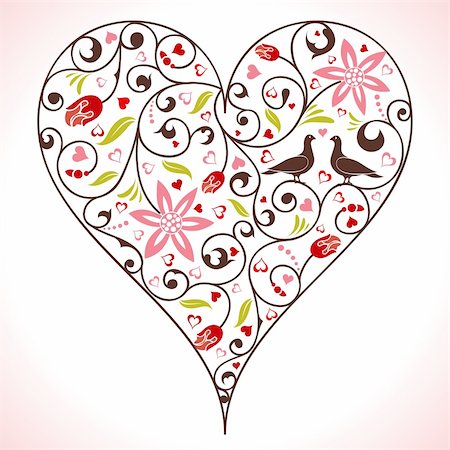 floral bird pattern - Valentines Day heart with flower and birds, element for design, vector illustration Photographie de stock - Aubaine LD & Abonnement, Code: 400-04809949