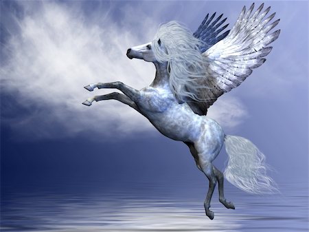 simsearch:400-06861765,k - White Pegasus spreads his magnificent wings in flight over an ocean. Photographie de stock - Aubaine LD & Abonnement, Code: 400-04800058