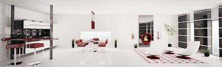Interior of modern apartment living room kitchen panorama 3d render Stock Photo - Budget Royalty-Free & Subscription, Code: 400-04800121