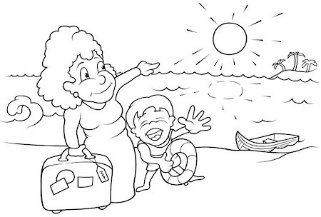 family drawing beach - Family Holiday - Black and White Cartoon illustration, Vector Foto de stock - Super Valor sin royalties y Suscripción, Código: 400-04800186