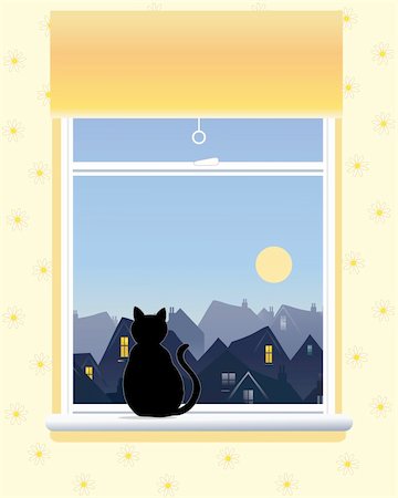 street cat - an illustration of a window with an orange blind a black cat and a view across the city rooftops on a sunny morning Stock Photo - Budget Royalty-Free & Subscription, Code: 400-04800556