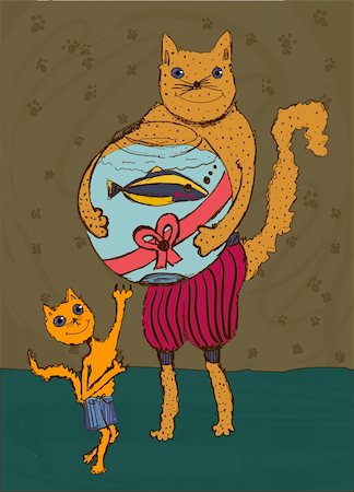 Hand drawn illustration of a little cat getting a gift from his father. Stock Photo - Budget Royalty-Free & Subscription, Code: 400-04800653
