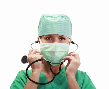 female cardiologist - Female doctor putting on a stethoscope, isolated against a white background Stock Photo - Budget Royalty-Free & Subscription, Code: 400-04800904