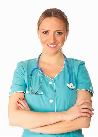 simsearch:6109-06006507,k - Smiling medical doctor woman with stethoscope. Isolated on white background Fotografie stock - Microstock e Abbonamento, Codice: 400-04814335
