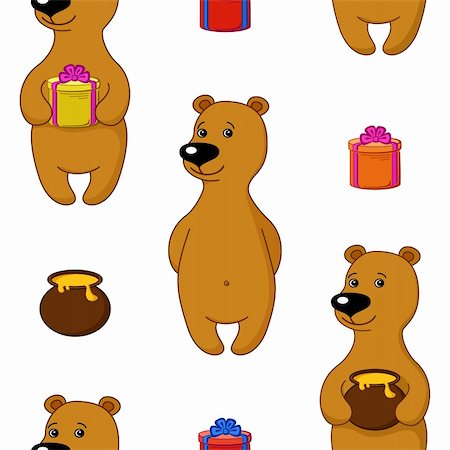 simsearch:400-04772550,k - Vector seamless holiday background, teddy bear with gift box and honey pot Foto de stock - Super Valor sin royalties y Suscripción, Código: 400-04817463