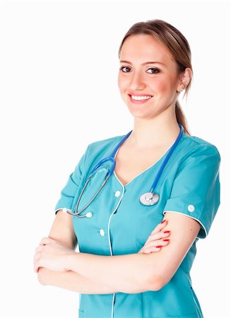 simsearch:6109-06006535,k - Smiling medical doctor woman with stethoscope. Isolated on white background. Stockbilder - Microstock & Abonnement, Bildnummer: 400-04818870