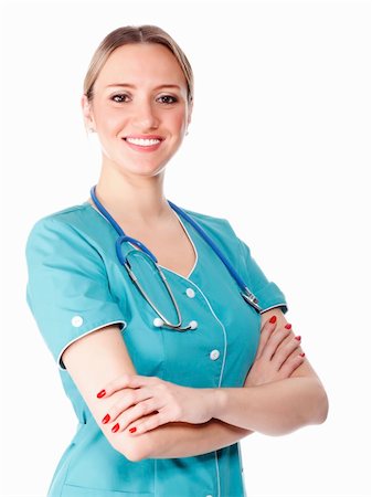 simsearch:6109-06006535,k - Smiling medical doctor woman with stethoscope. Isolated on white background. Stockbilder - Microstock & Abonnement, Bildnummer: 400-04818871