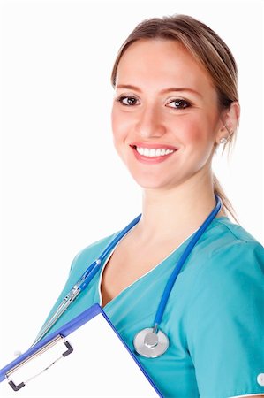 simsearch:400-04178933,k - Smiling female doctor holding a clipboard against white background. Stock Photo - Budget Royalty-Free & Subscription, Code: 400-04818872