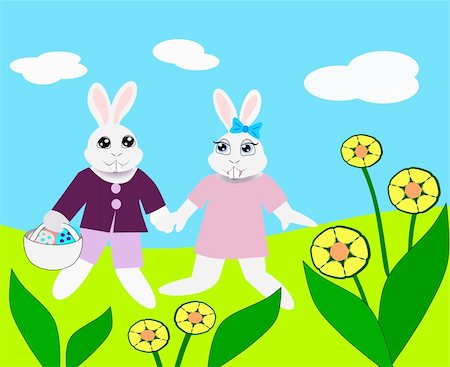 simsearch:400-04814756,k - Two Easter bunnies walking together and     holding hands, one is carrying a basket     with Easter eggs. Foto de stock - Super Valor sin royalties y Suscripción, Código: 400-04819010