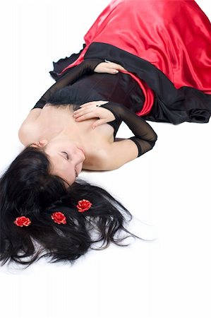 pretty girls with long dark hair - Beautiful Gothic Girl wearing black and red dress lying on the floor isolated on white Stock Photo - Budget Royalty-Free & Subscription, Code: 400-04819039