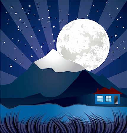 fields and home images drawing - night landscape with river - vector, stars and moon illustration Stock Photo - Budget Royalty-Free & Subscription, Code: 400-04819256