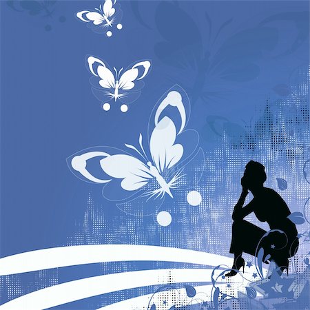 Woman silhouette on abstract background with butterfly, lines, stars Stock Photo - Budget Royalty-Free & Subscription, Code: 400-04819725