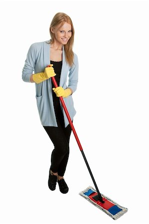 Cheerful woman having fun while cleaning. Isolated on white Stock Photo - Budget Royalty-Free & Subscription, Code: 400-04810336
