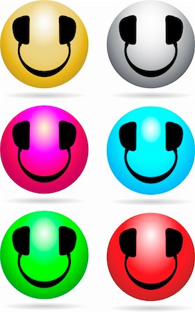 Glossy Smiley icons with headphones in place of eyes and mouth Stock Photo - Budget Royalty-Free & Subscription, Code: 400-04810676