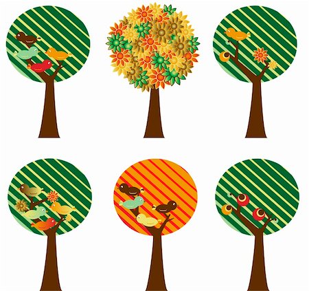 Set of 6 retro trees with flowers, birds and fruits Stock Photo - Budget Royalty-Free & Subscription, Code: 400-04810673