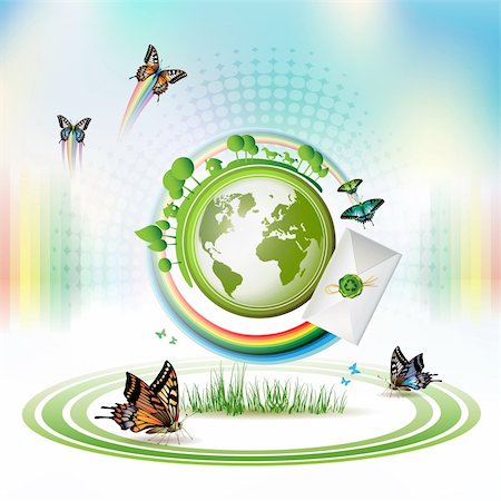 Green Earth with butterflies and envelope over sky background Stock Photo - Budget Royalty-Free & Subscription, Code: 400-04811026