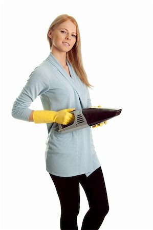 rubber hand gloves - Cheerful woman with handheld vacuum cleaner. Isolated on white Stock Photo - Budget Royalty-Free & Subscription, Code: 400-04811107