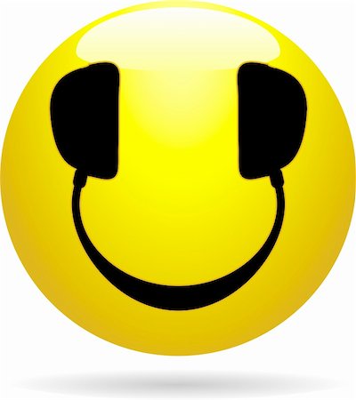 Glossy Smiley icon with headphones in place of eyes and mouth Stock Photo - Budget Royalty-Free & Subscription, Code: 400-04811551